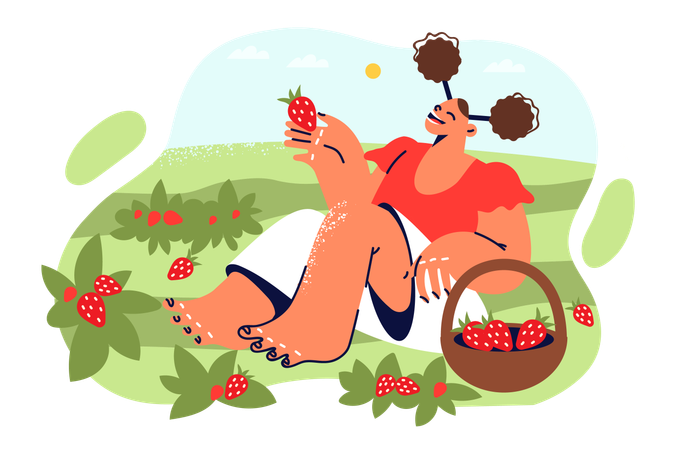 Girl is eating strawberries  Illustration