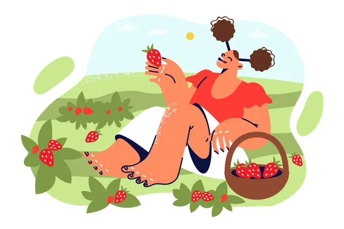 Little Girl Eats Strawberries Sitting On Lawn With Growing Berries During Summer Harvest Happy Female Teenager Enjoying Taste Of Organic Strawberries Working On Farm Or Plantation Illustration