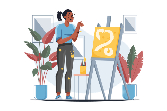 Girl is engaged in her favorite activity painting  Illustration