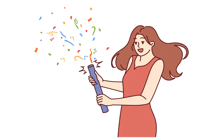Woman Launches Confetti During Birthday Or University Graduation Party Girl In Beautiful Evening Dress Holds Firecracker With Confetti Wanting To Cheer Friends Gathered At Festive Disco Illustration