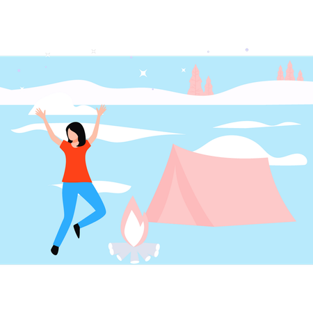 Girl is enjoying bonfire in snowland  Illustration