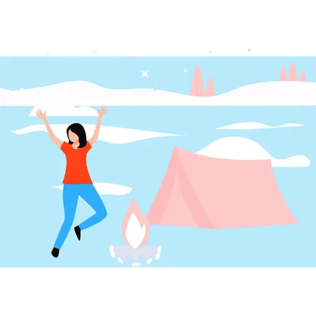 Girl Is Enjoying Bonfire In Snowland Illustration