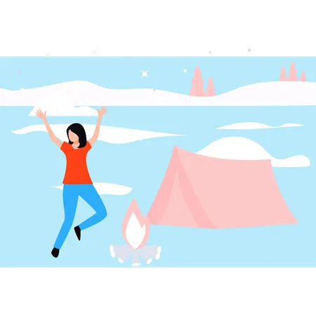 Girl is enjoying bonfire in snowland  Illustration