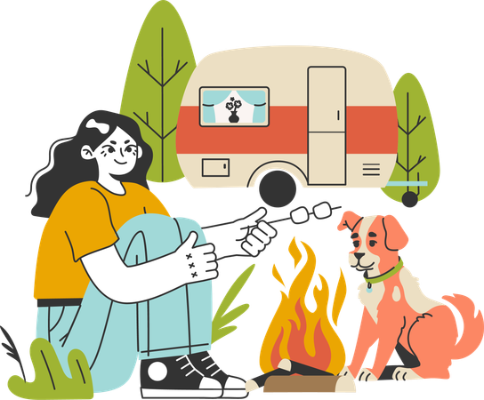Girl is enjoying camp with her dog  Illustration