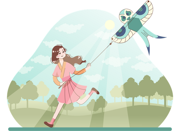 Girl is enjoying flying kites  일러스트레이션