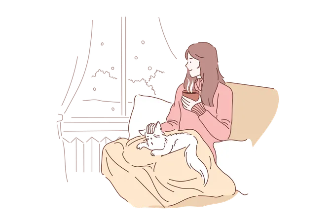 Cozy Relax Dream Concept Young Woman Or Girl Enjoys The Comfort Of Sitting On A Chair With A Blanket And Caressing Her Pet Cat Thoughtful Lady In Looks Out The Window And Drinks Tea Or Coffee Illustration