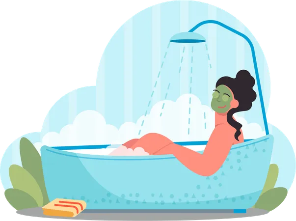Girl is enjoying her facial treatment in bathtub  Illustration