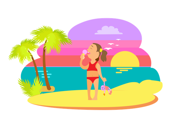 Girl is enjoying her ice cream at beach  Illustration