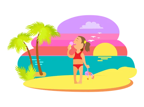 Girl is enjoying her ice cream at beach  Illustration