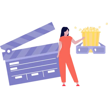The Girl Is Pointing At The Popcorn In The Cinema Illustration
