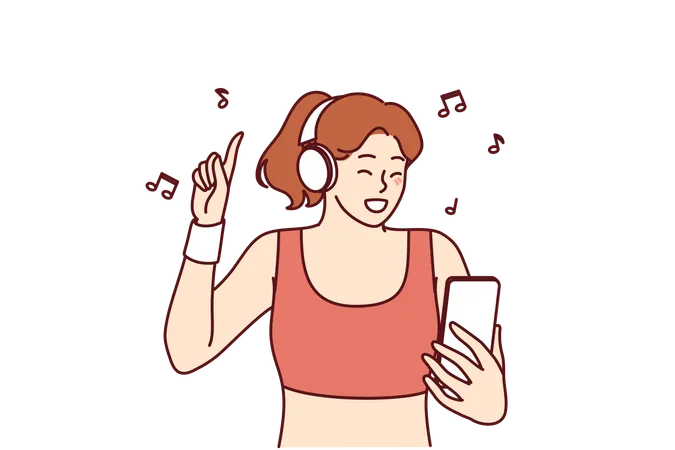 Woman Fitness Trainer In Headphones Listens To Music Using Mobile Phone To Manage Playlist Girl In Sportswear For Fitness Enjoys Motivating Composition For Energetic Workout Or Run Illustration