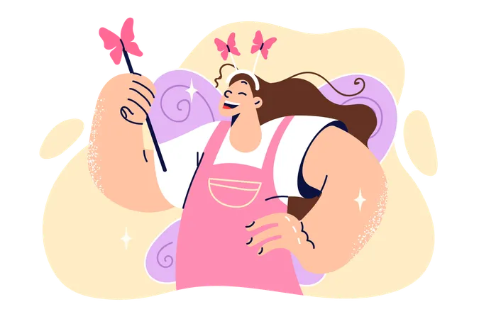 Little Girl Dressed As Fairy Or Butterfly Smiles Rejoicing To Have Beautiful Outfit For Christmas Party At School Female Kid With Butterfly Wings Behind Back With Smile Holding Magic Wand And Laugh Illustration