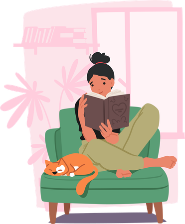 Girl is enjoying reading book with her cat  イラスト