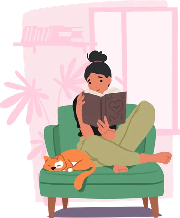 Girl is enjoying reading book with her cat  Illustration