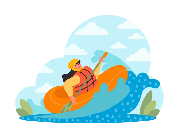 Summer Holiday Concept Rafting Rowing With Paddles Swimming In Inflatable Boat In River Character Doing Extreme Sport On Summer Vacation Flat Vector Illustration Illustration
