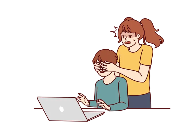 Teenage Girl Defends Little Brother Who Uses Laptop And Visits Adult Websites In Internet Or Reads Harmful Content Caring Schoolgirl Girl Saves Boy From Misinformation And Fake News On Internet Illustration