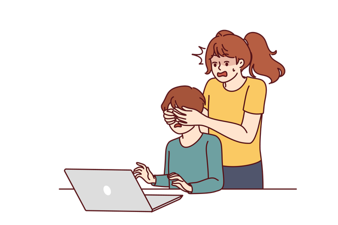 Girl is escaping her brother while watching bad videos on internet  Illustration