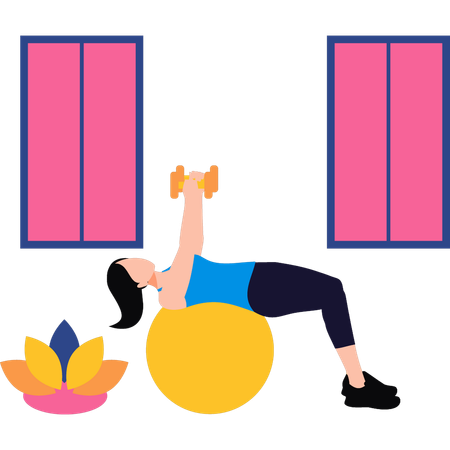 Girl is exercising with ball and dumbbell  Illustration