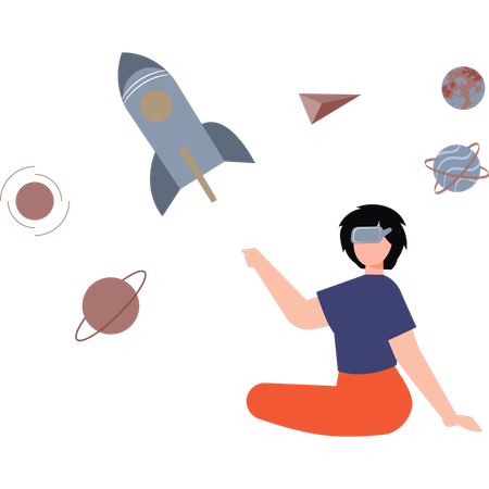 Girl is experiencing virtual astronomical world  Illustration