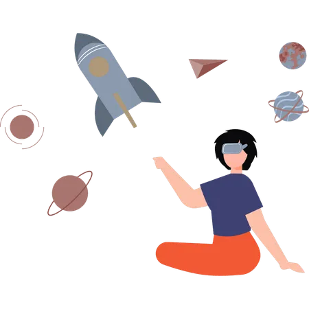 Girl Is Experiencing Virtual Astronomical World Illustration