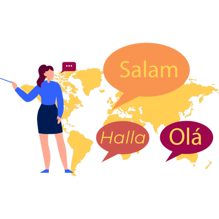 Girl is explaining about multilingual phrases  イラスト