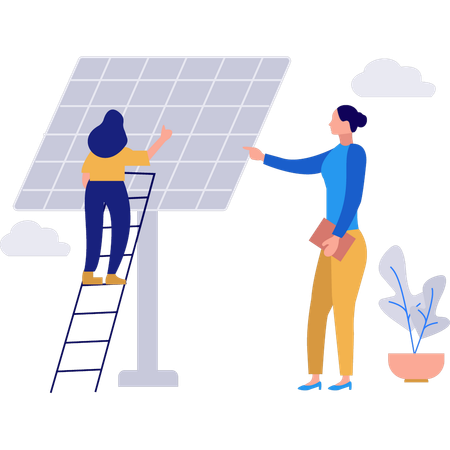 Girl is explaining another girl on how to install a solar panel plate  Illustration