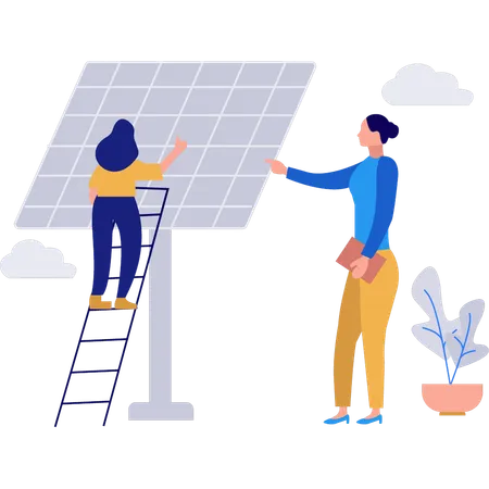 Girl is explaining another girl on how to install a solar panel plate  Illustration