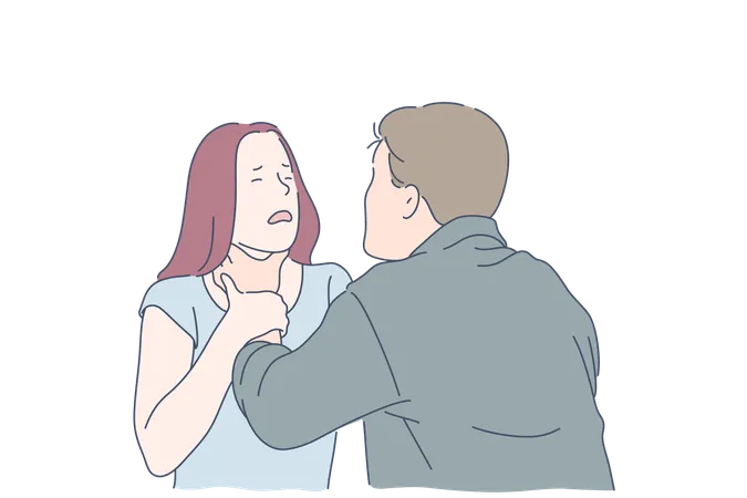 Strangulation Domestic Violence Beating Alcohol Problem Jealousy Concept Husband In Rage Tries To Strangle His Young Wife Psychopath Man Maniac Attacked Girl Distrust Intimidation Flat Vector Illustration