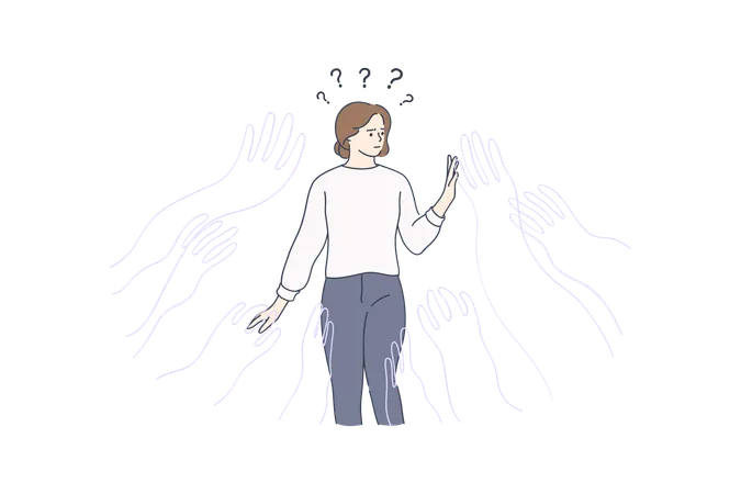 Psychological Influence Manipulation Addiction Concept Young Frustrated Woman Cartoon Character Standing Surrounded By Giant Creeping Hands Feeling Influence And Doubting What To Choose Illustration