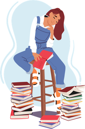 Girl is feeling happy while reading book on stool  Illustration