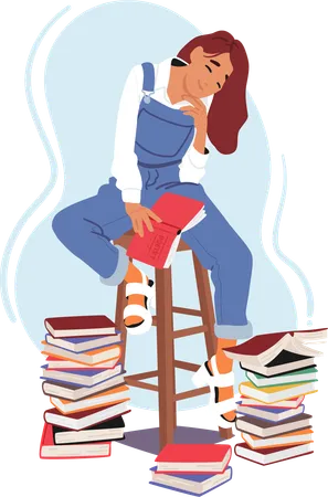 Girl is feeling happy while reading book on stool  Illustration