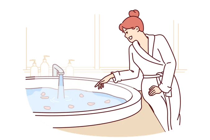 Woman Stands Near Hot Tub Filled With Flower Petals Getting Ready For Aromatic SPA Treatment With Rejuvenating Effect Happy Girl In Bathrobe Visits SPA Salon With Mini Pool Of Water イラスト