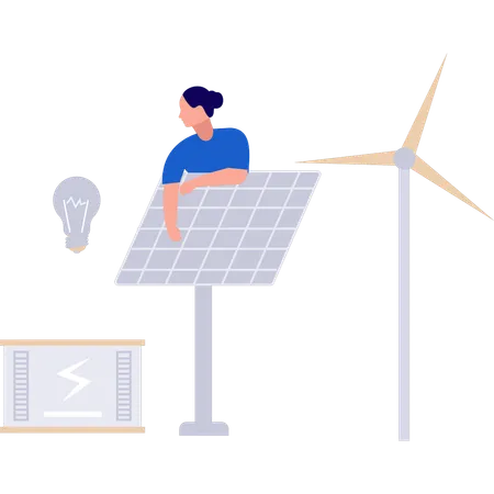 Girl is fixing solar panel problems  Illustration
