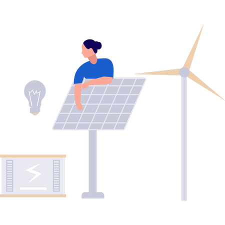 Girl is fixing solar panel problems  Illustration