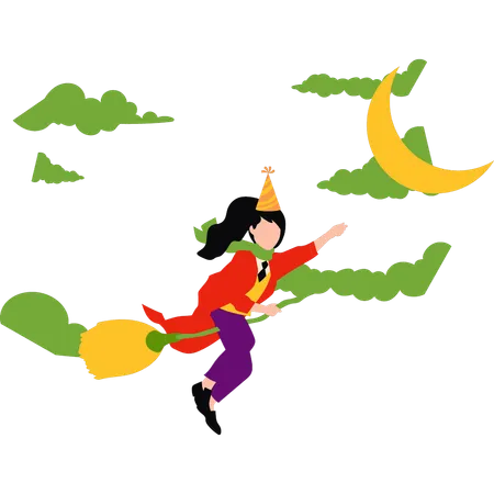 The Girl Is Flying On A Witchs Broom Illustration