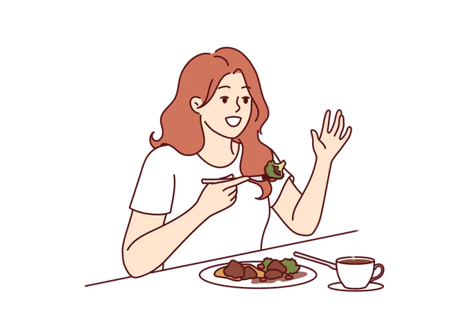 Woman Is Having Lunch In Cafe Sitting At Table And Raising Hand Up To Call Waiter Cafe Visitor Girl Eats Steamed Vegetables To Avoid Passing Fatty And Caloric Food Causing Weight Gain Illustration