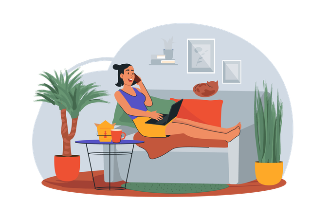 Girl is freelancing and spend work time at home  Illustration