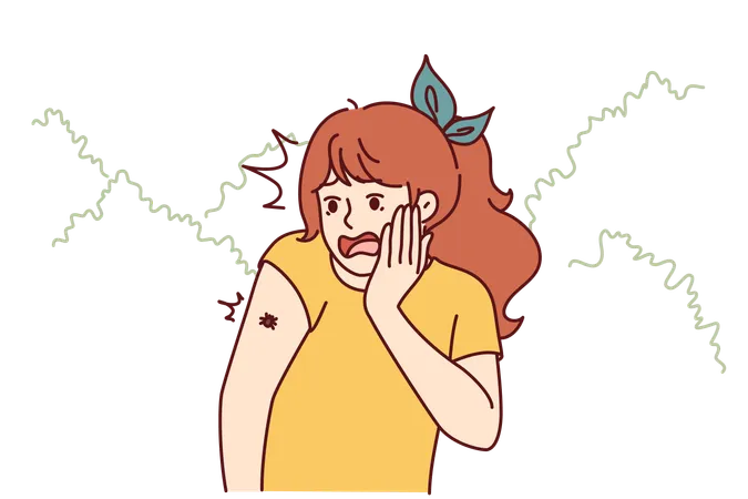 Girl is frightened from insect crawling on her hand  Illustration