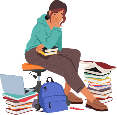 Girl is frustrated while reading pile of books  Illustration