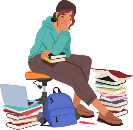 Exhausted Student Girl Character Engulfed By Towering Stacks Of Books Eyes Drooping With Weariness As The Weight Of Academic Demands Takes Its Toll In Study Session Cartoon Vector Illustration 일러스트레이션