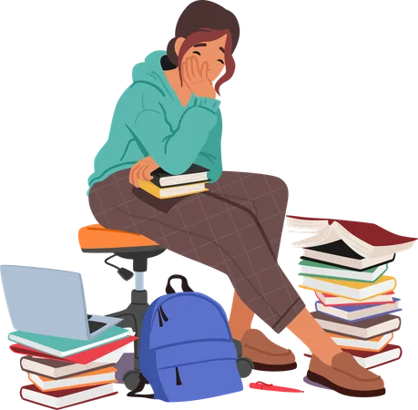 Girl is frustrated while reading pile of books  Illustration