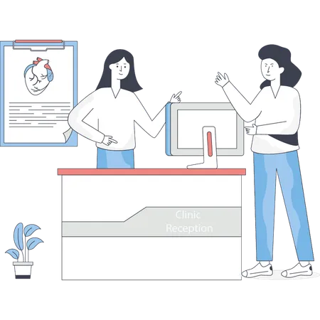 Girl is getting information at  hospital counter  Illustration