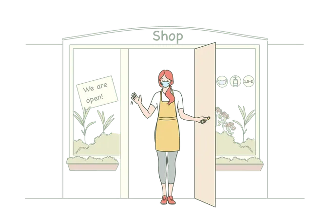Girl is greeting customers to visit her shop  Illustration