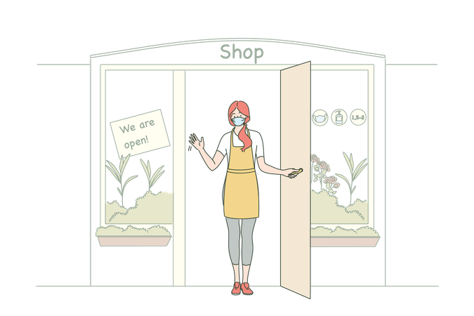 Girl is greeting customers to visit her shop  Illustration