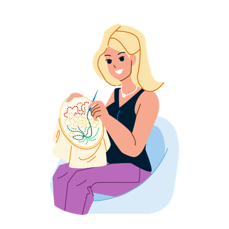 Girl is happy doing knitting work  Illustration