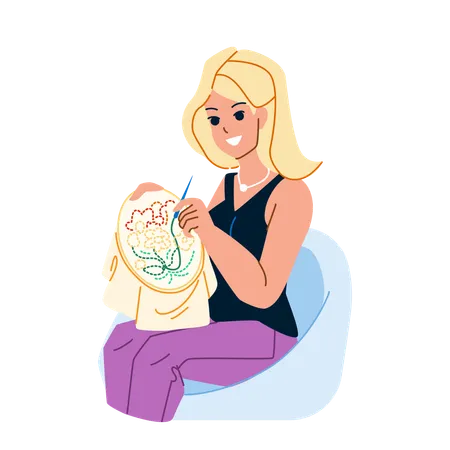 Girl is happy doing knitting work  Illustration