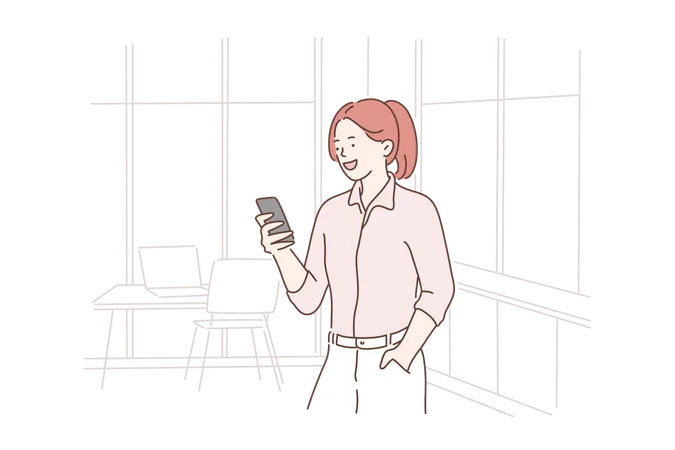 Business Entrepreneurship Selfie Concept Young Happy Girl Or Woman Businesswoman Communicates With A Partner Or Got Good News Success At The Office Smiling Lady Clerk Takes A Selfie Or Leads A Webinar From Her Phone Simple Flat Vector Illustration