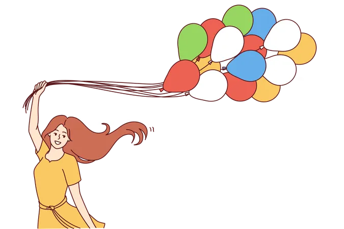 Girl is happy while flying balloons  Illustration