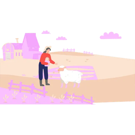 The Girl Is Herding Sheep In The Farm Illustration