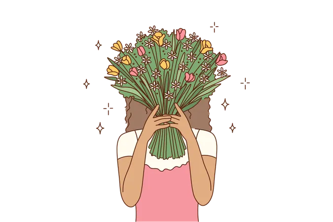 Girl is hiding behind rose bouquet  Illustration